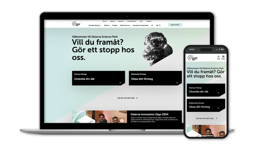 Dalarna Science Park webb på skärm och mobil