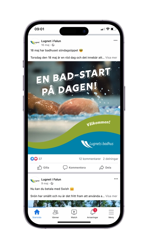 Ipone med sociala medier inlägg för Lugnets badhus