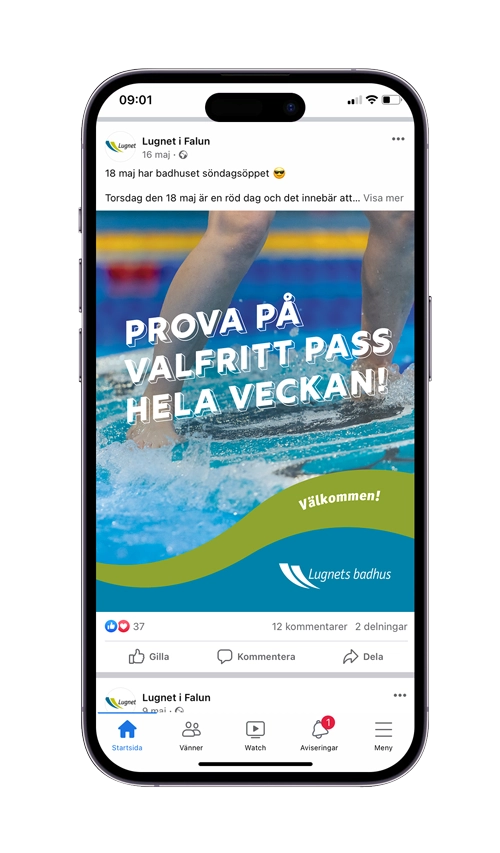 Ipone med sociala medier inlägg för Lugnets badhus